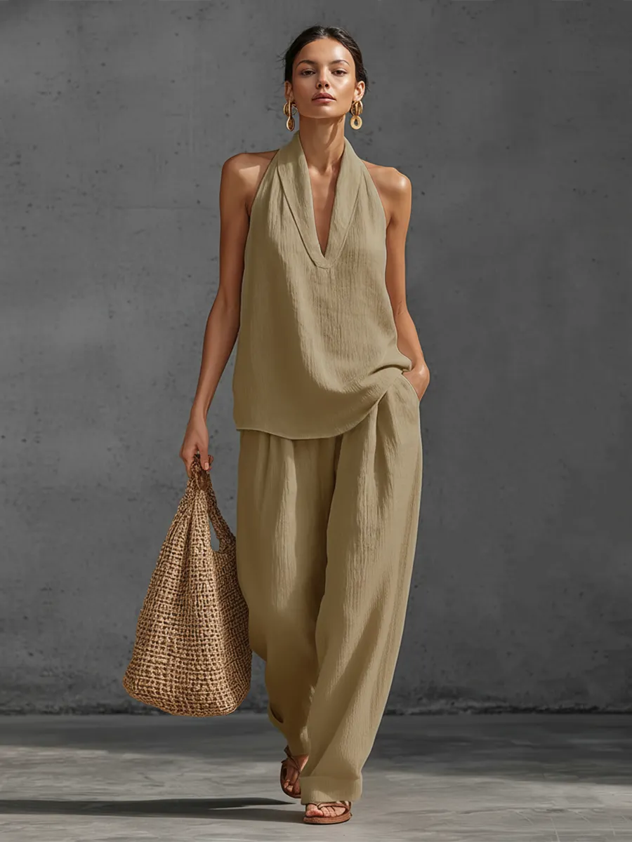 Casual Urban Style White Linen V-neck Sleeveless Top And Wide Leg Pants Set
