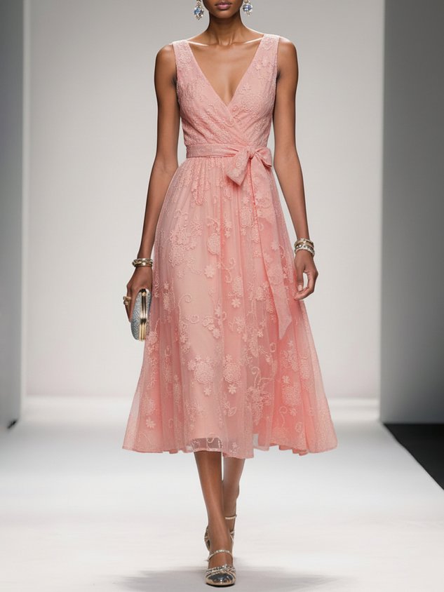 Deep Pink Bow Embroidery Classic V Neck Sleeveless A-Line Midi Dress With Pockets