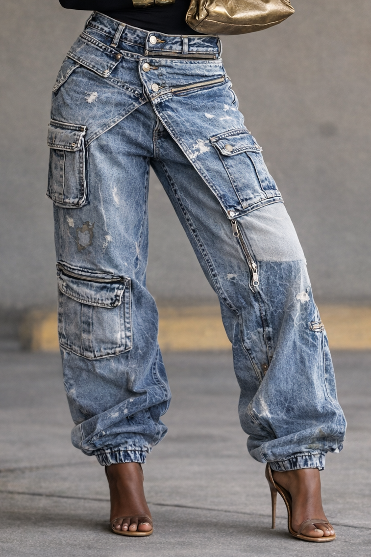 Women's Zippered Multi-pocket Faux Two-piece Jeans