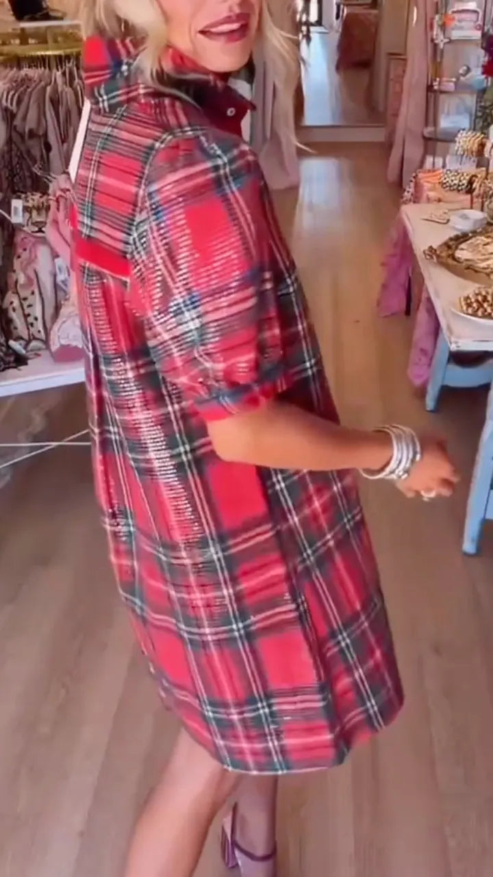 Red Tartan Plaid Short-Sleeve Shirt Dress
