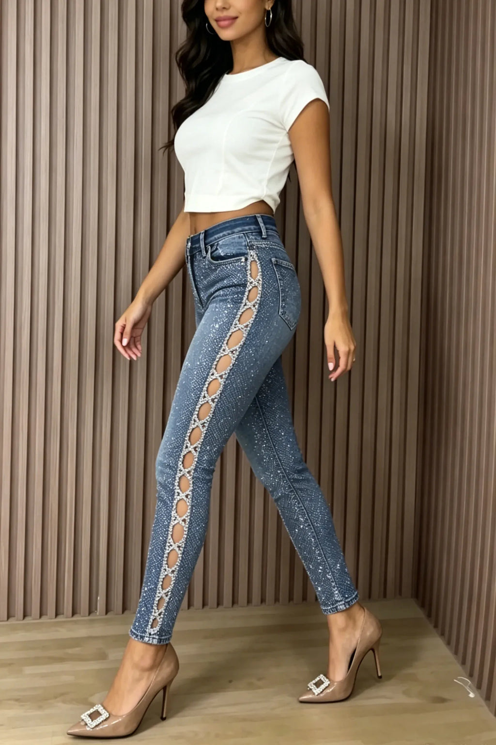 Rhinestone Cutout Side Skinny Denim Crop Pants