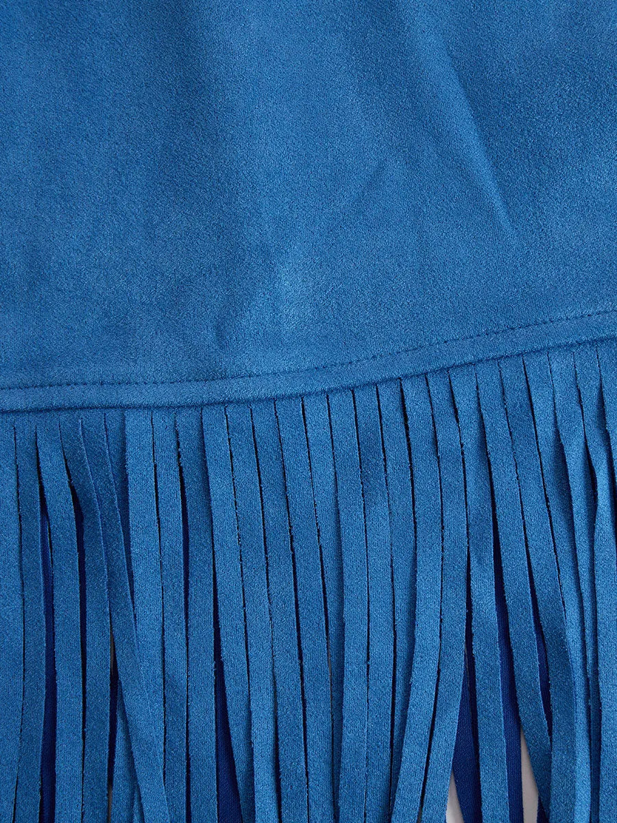 Retro Western Style Zippered Collar Blue Fringed Faux Suede Mini Dress
