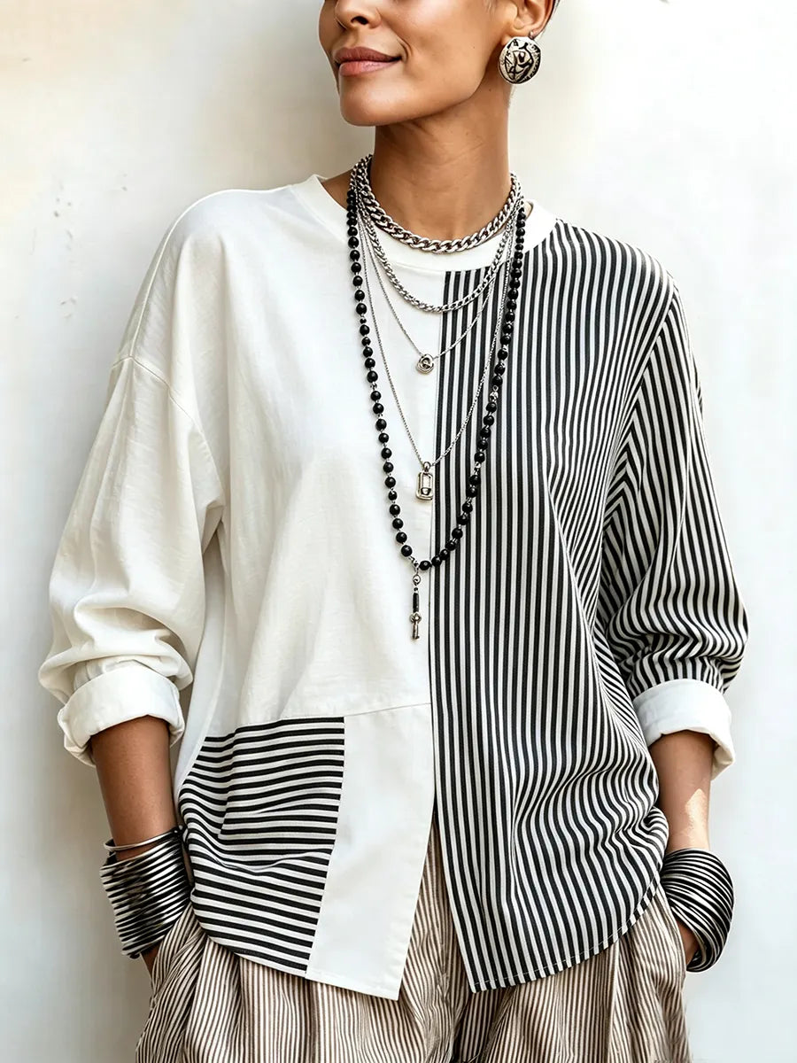 Chic Asymmetric Black And White Striped Statement Top
