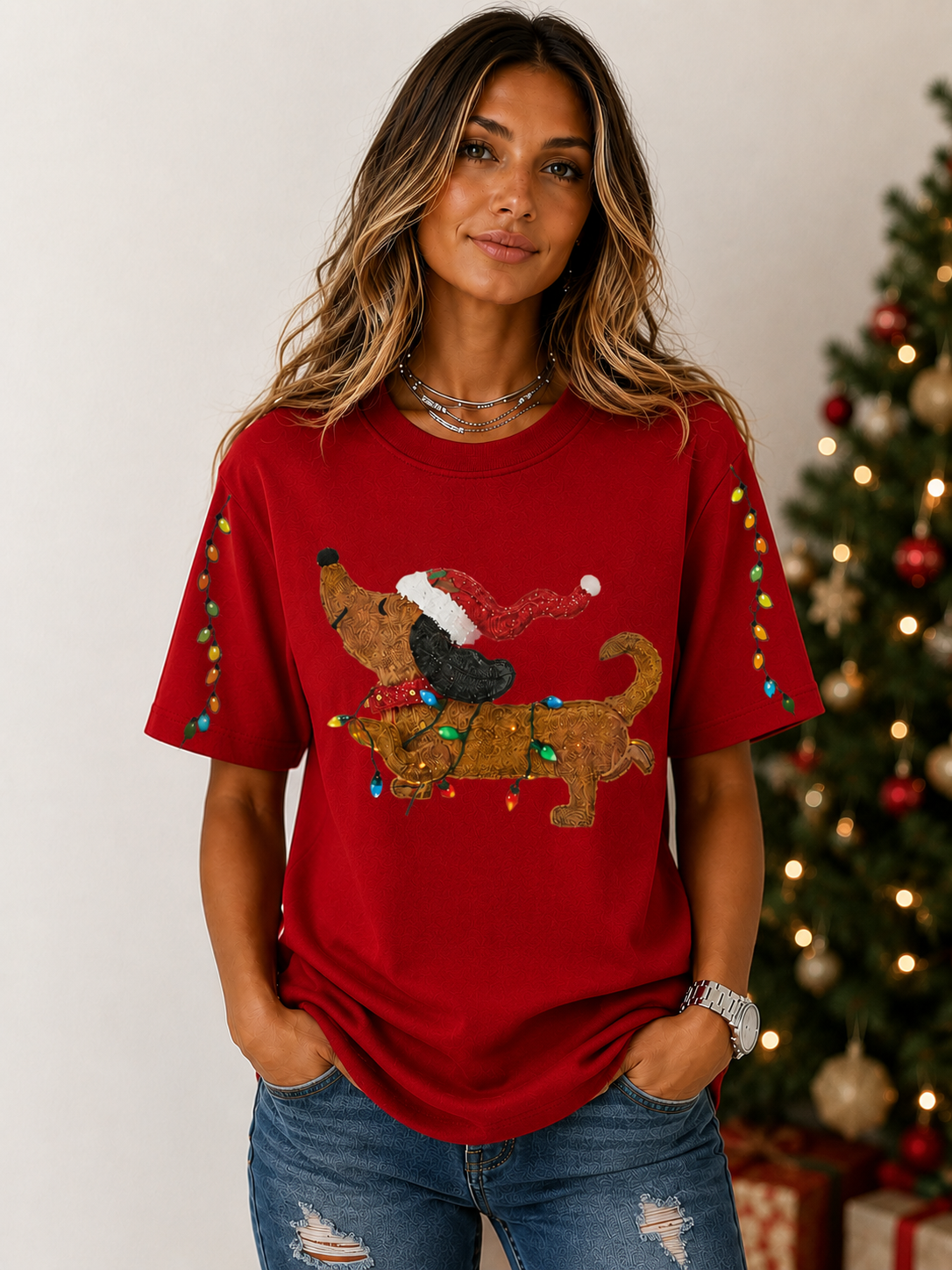 Dachshund Christmas Lights Graphic T‑Shirt