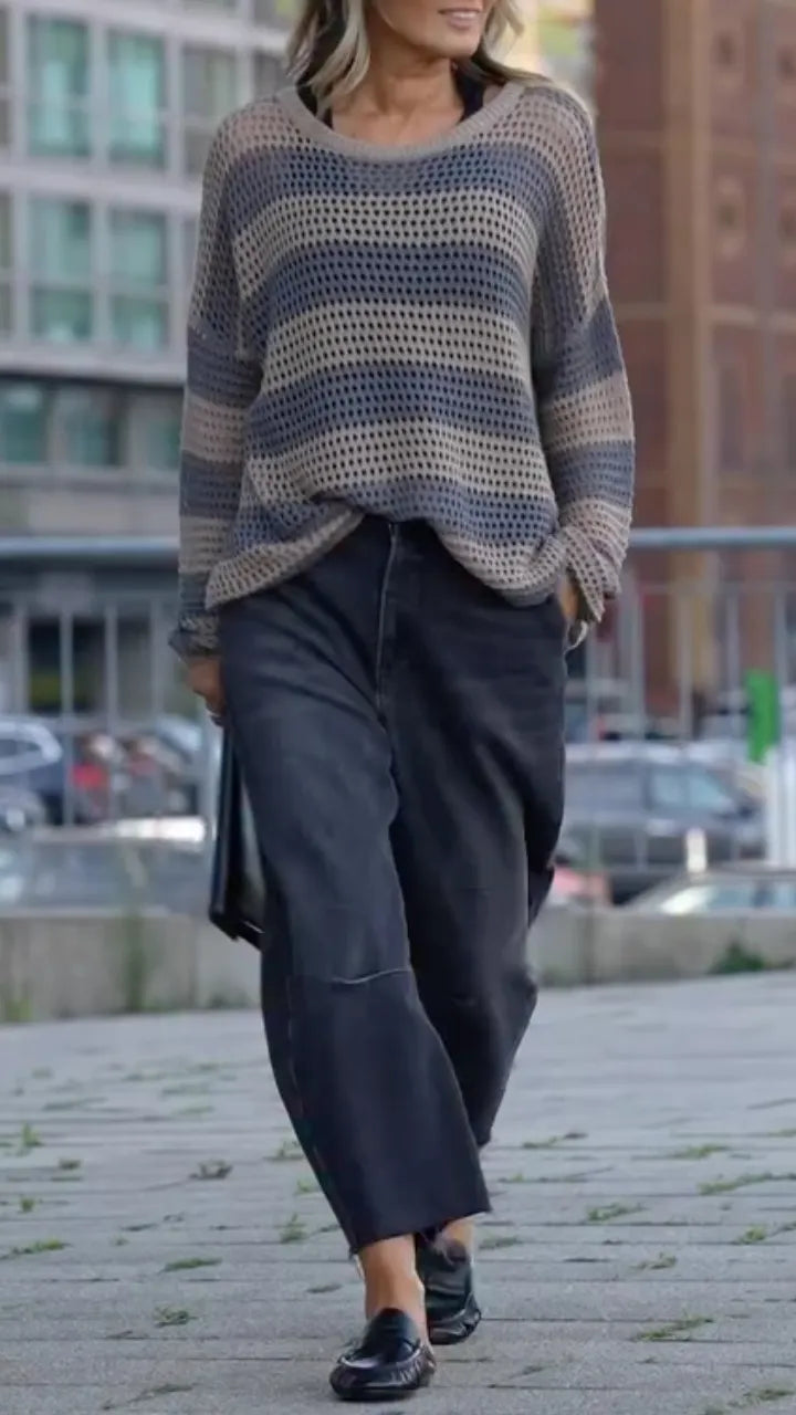 Striped Hollow Knit Sweater & Black Denim Pants