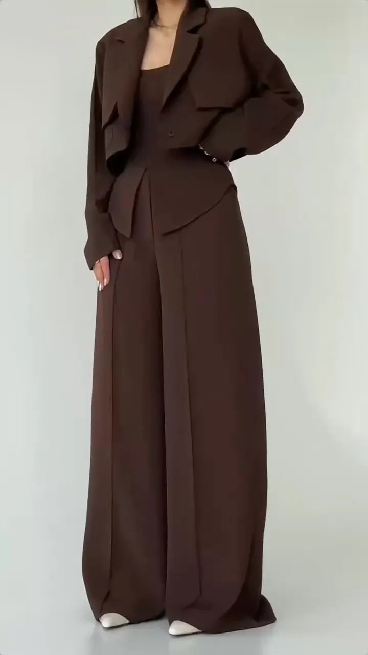 Taupe Cropped Blazer Two‑Piece Pants Set