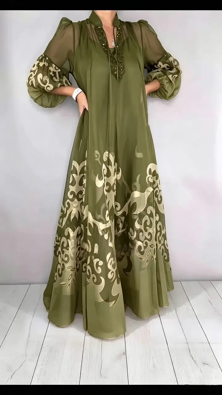 Women's V-neck Chiffon Printed Dress Set