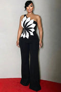 One Shoulder Sleeveless Floral Wide Leg Casual Jumpsuit-Black
