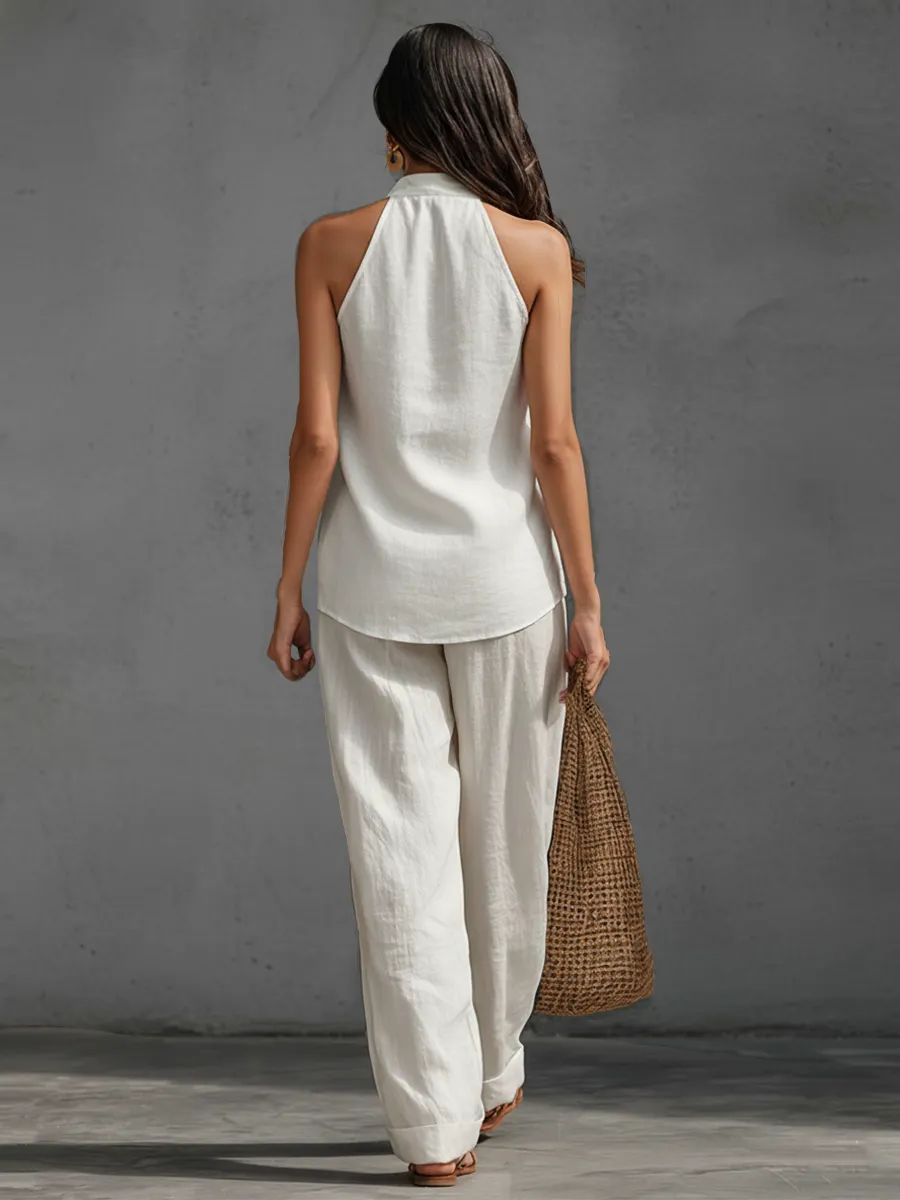 Casual Urban Style White Linen V-neck Sleeveless Top And Wide Leg Pants Set