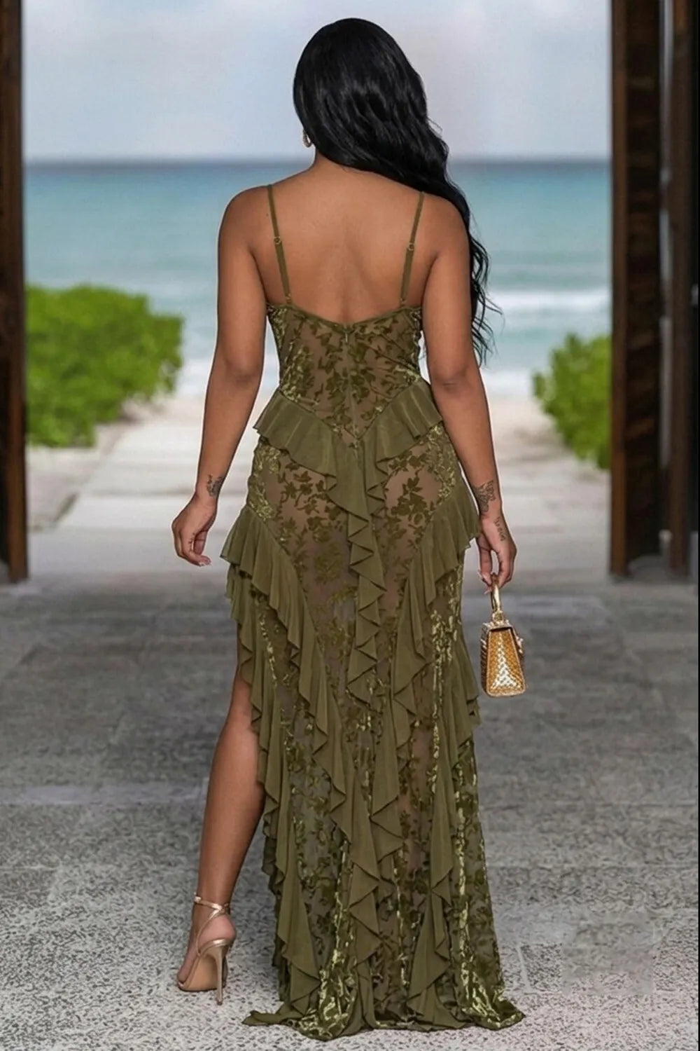Cami Neck Waist Cut Out Irregular Ruffle Slit Maxi Dresses-Yellow [Pre Order]