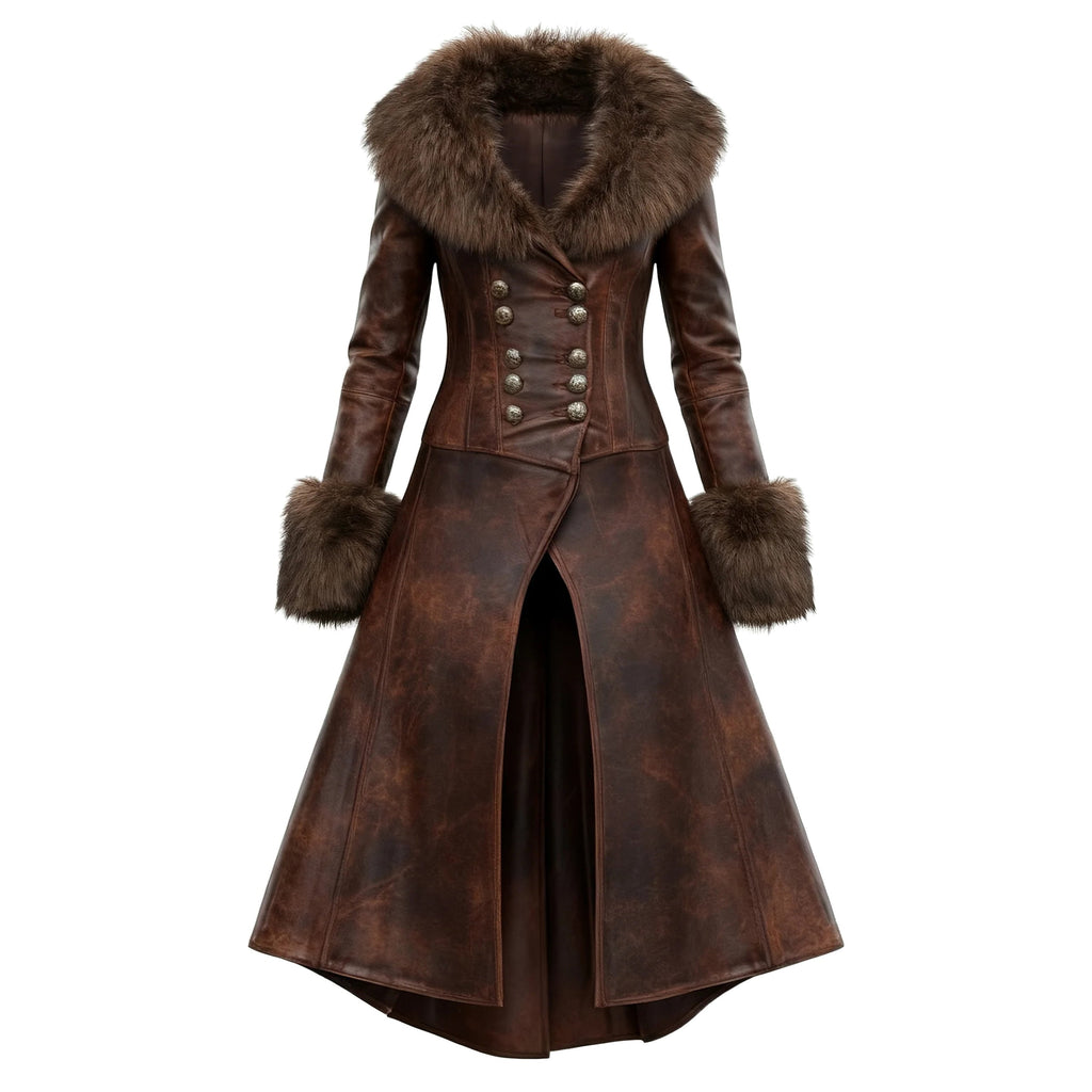 Women's Retro Style Leather Irregular Design Double-Breasted Mid-Length Coat Fur Collar Lapel Jacket Coat