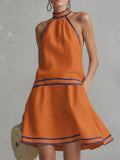 Elegant Color-block Piped Cotton-linen Halter Mini Dress