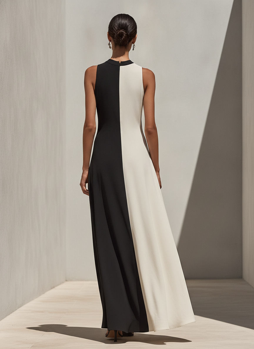 Women's Black & Ivory Color-Block Linen-Blend Maxi Dress With High Neck Sleeveless Cut & Flowy A-Line Skirt, Minimalist Elegant Evening Dress MDZ1609F5LYL