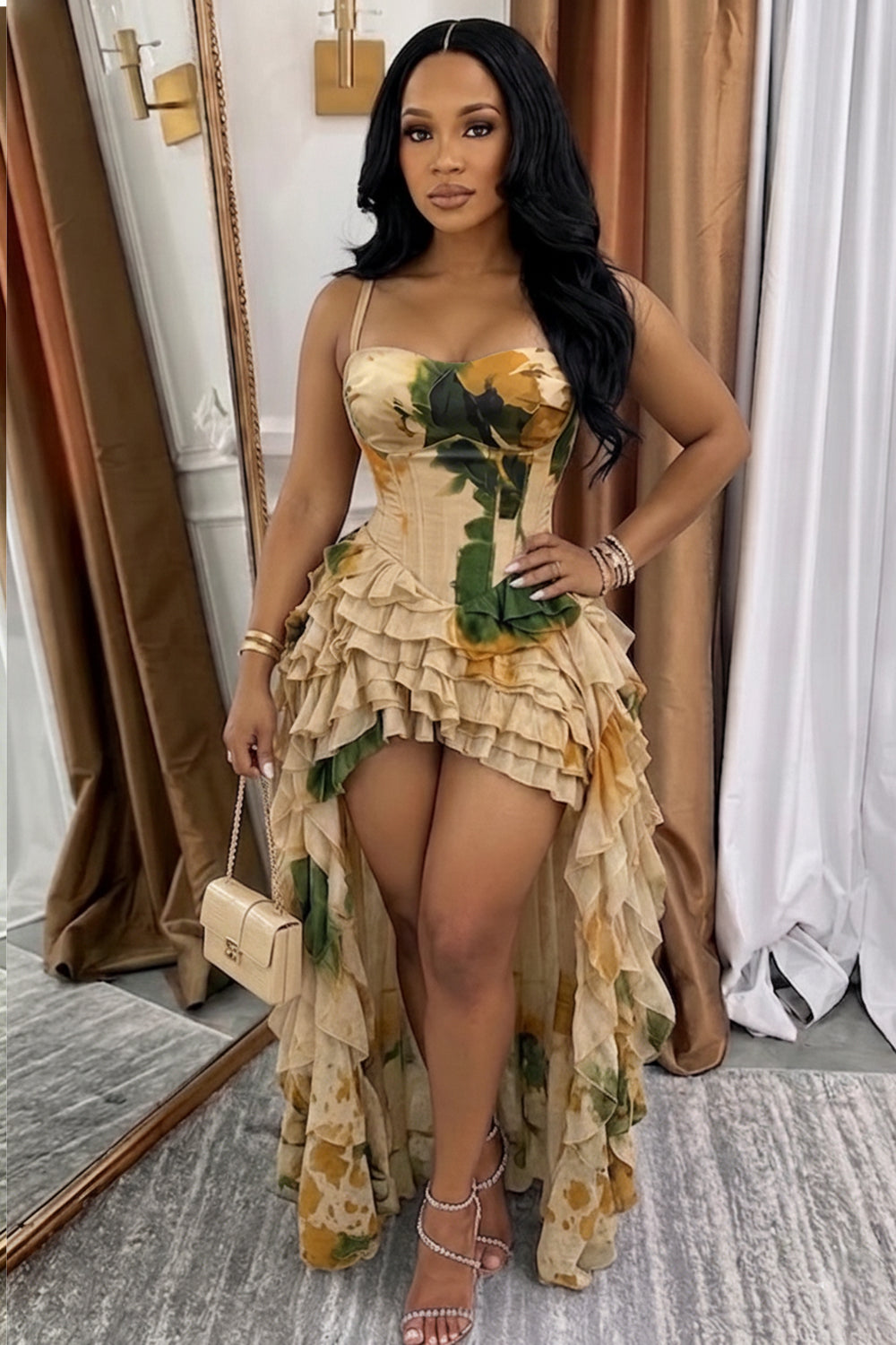 Tie Dye Tiered Ruffle High-Low Hem Vacation Maxi Dresses-Brown