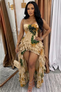 Tie Dye Tiered Ruffle High-Low Hem Vacation Maxi Dresses-Brown