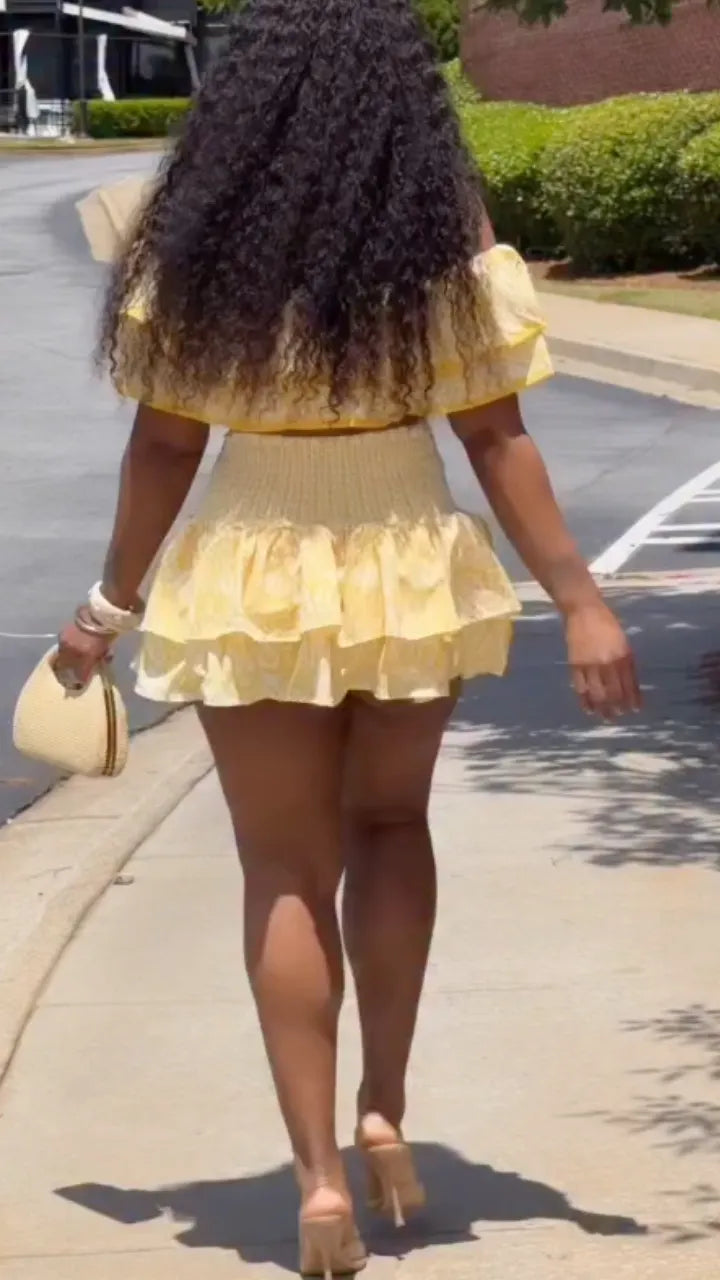Floral Ruffle Off‑Shoulder Two‑Piece Skort Set