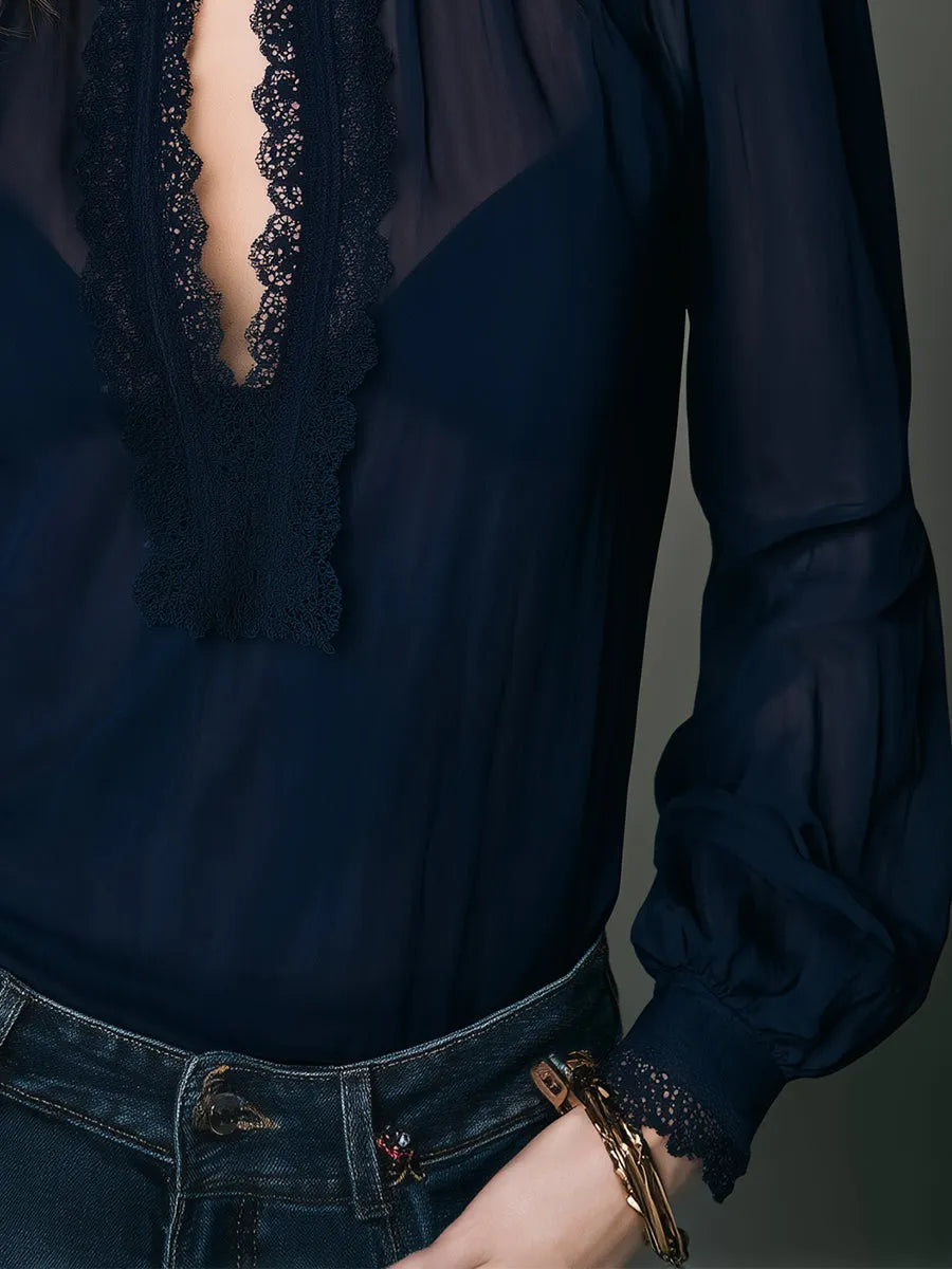 Vintage Keyhole Neckline Chiffon Blouse With Lace Trim