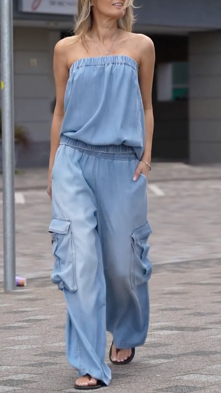 Women's Strapless Tencel Denim Workwear Casual Suit
