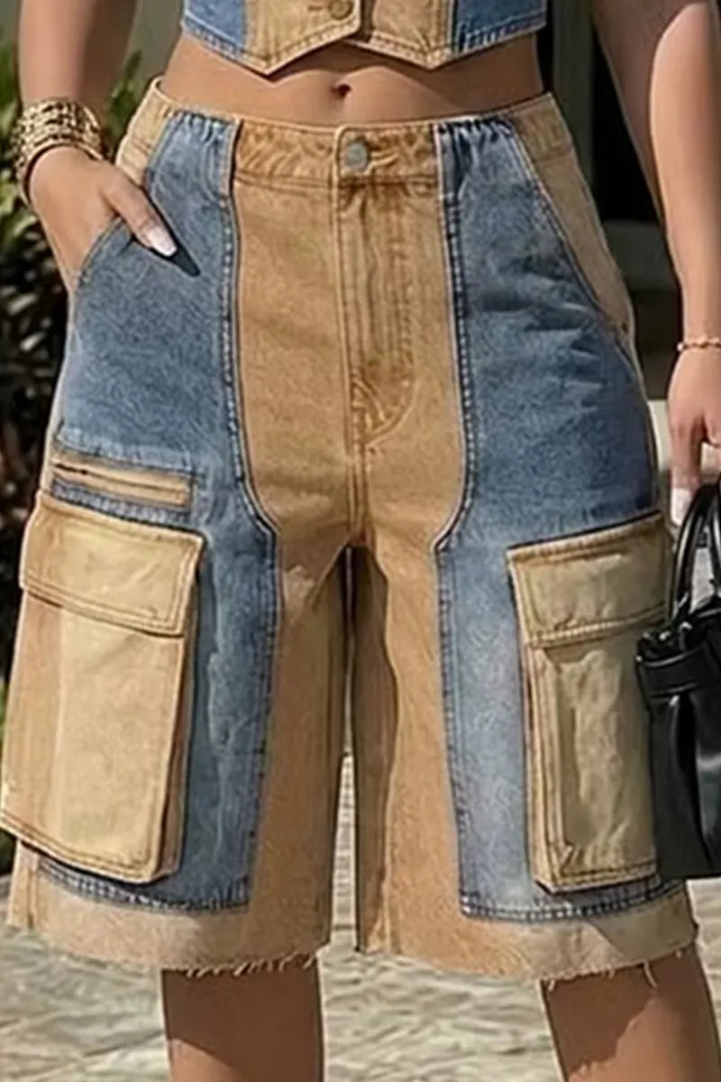 Women's Casual Spliced Sleeveless Denim Top & Paneled Denim Shorts