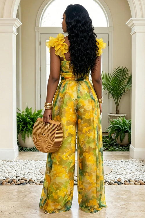 All Over Print Ruffle Trim Wide Leg Vacation Jumpsuit-Multicolor