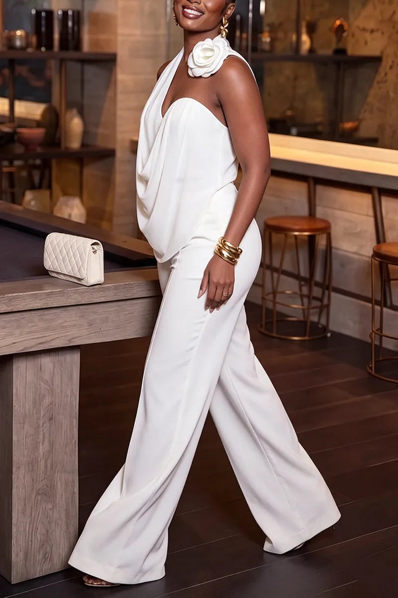 3D Flower Halter Draped Wide Leg Jumpsuit