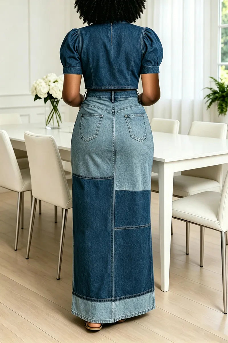 Women's Fashion Denim Top & Patchwork Design Skirt