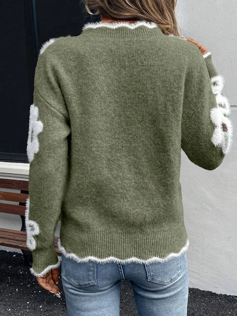Cozy Floral Knit Scalloped V-Neck Sweater