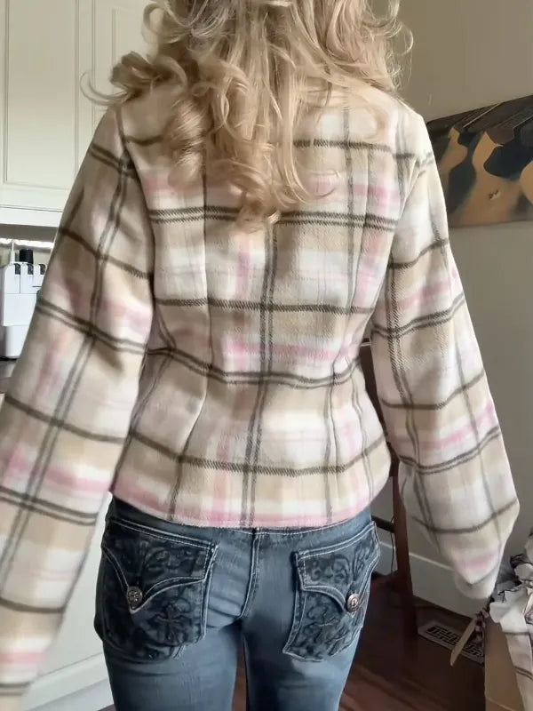 Soft Plaid High-Neck Jacket