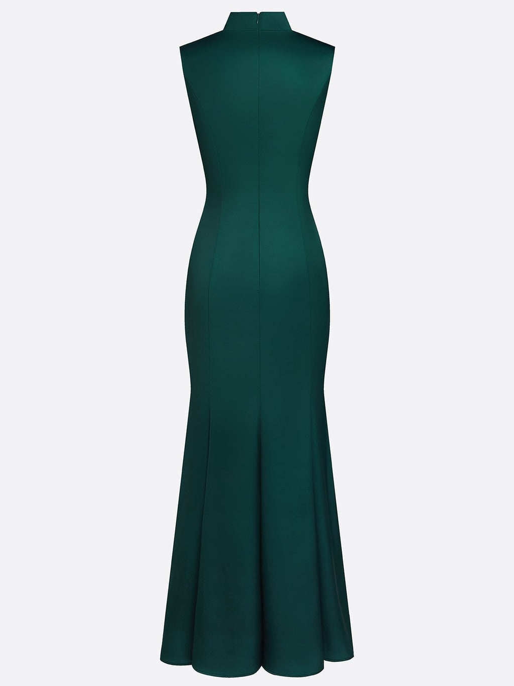 Dark Green Floral Hollow Out Satin Stand Collar Sleeveless Mermaid Gown Dress