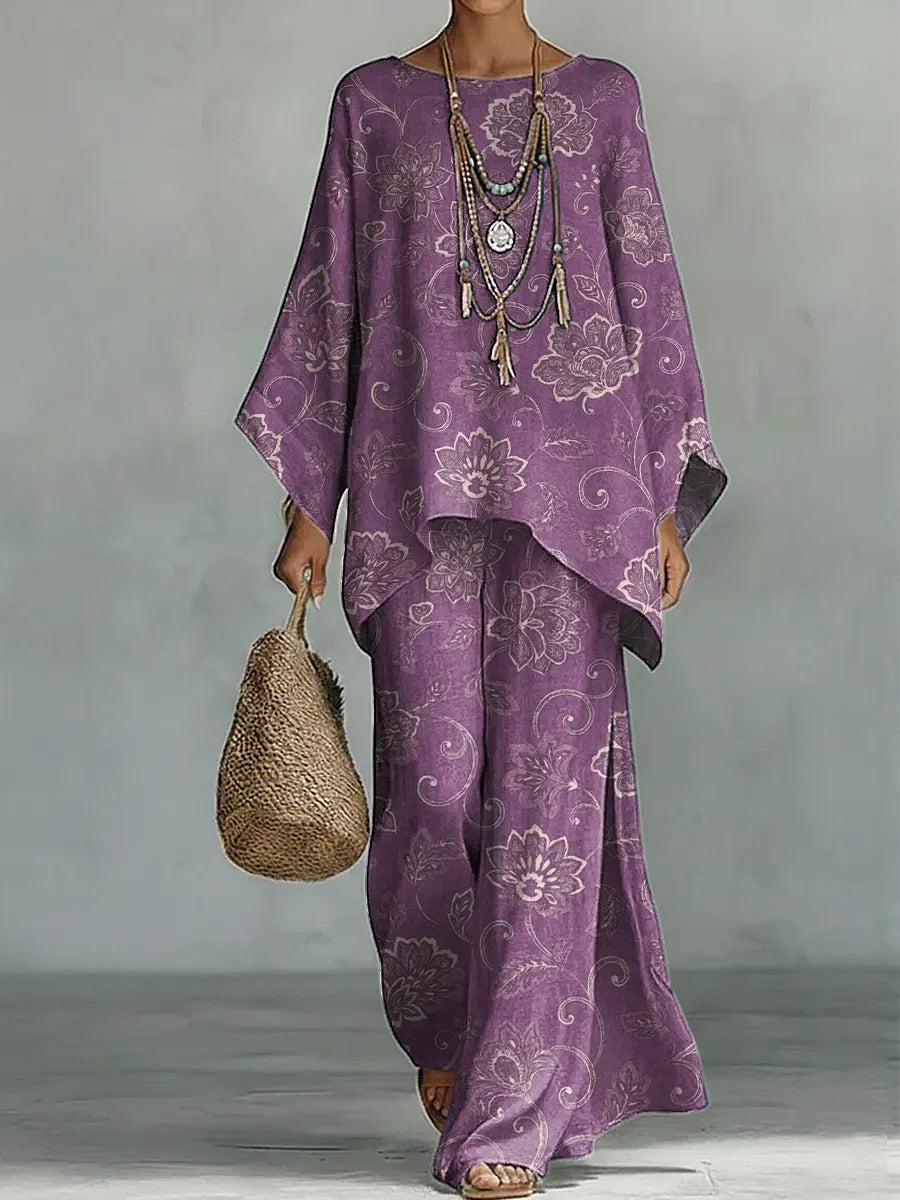Women's Vintage Floral Art Print Casual Cotton Linen Suits