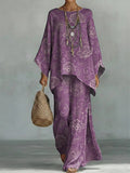 Women's Vintage Floral Art Print Casual Cotton Linen Suits