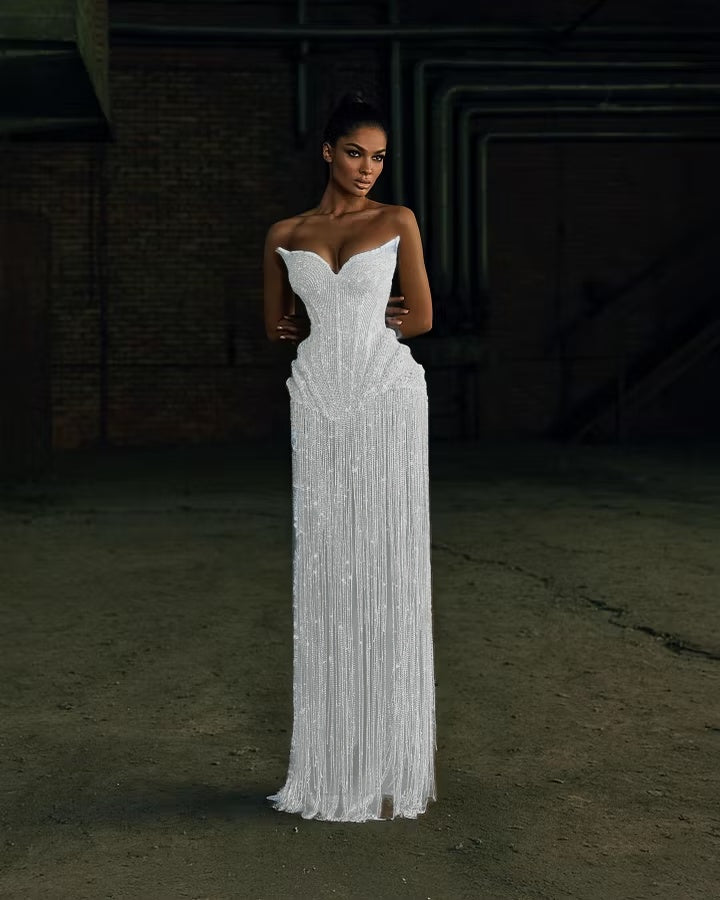 Cocoslly Strapless Sleeveless High Waist Long Prom Dress | Silver White Beading Pearls YK1253
