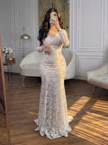 Elegant White V-Neck Lack Long Sleeves Mermaid Prom Dress YK0847