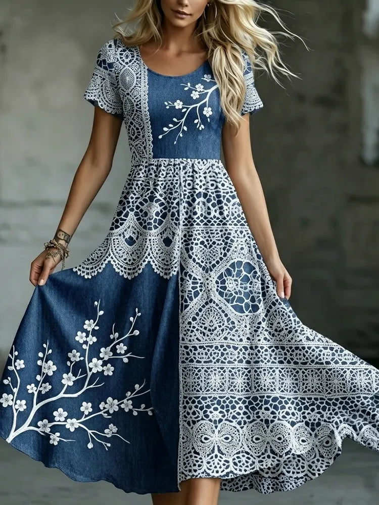 Women's Retro Japanese Cherry Blossom Patchwork Art Pattern Casual Dress