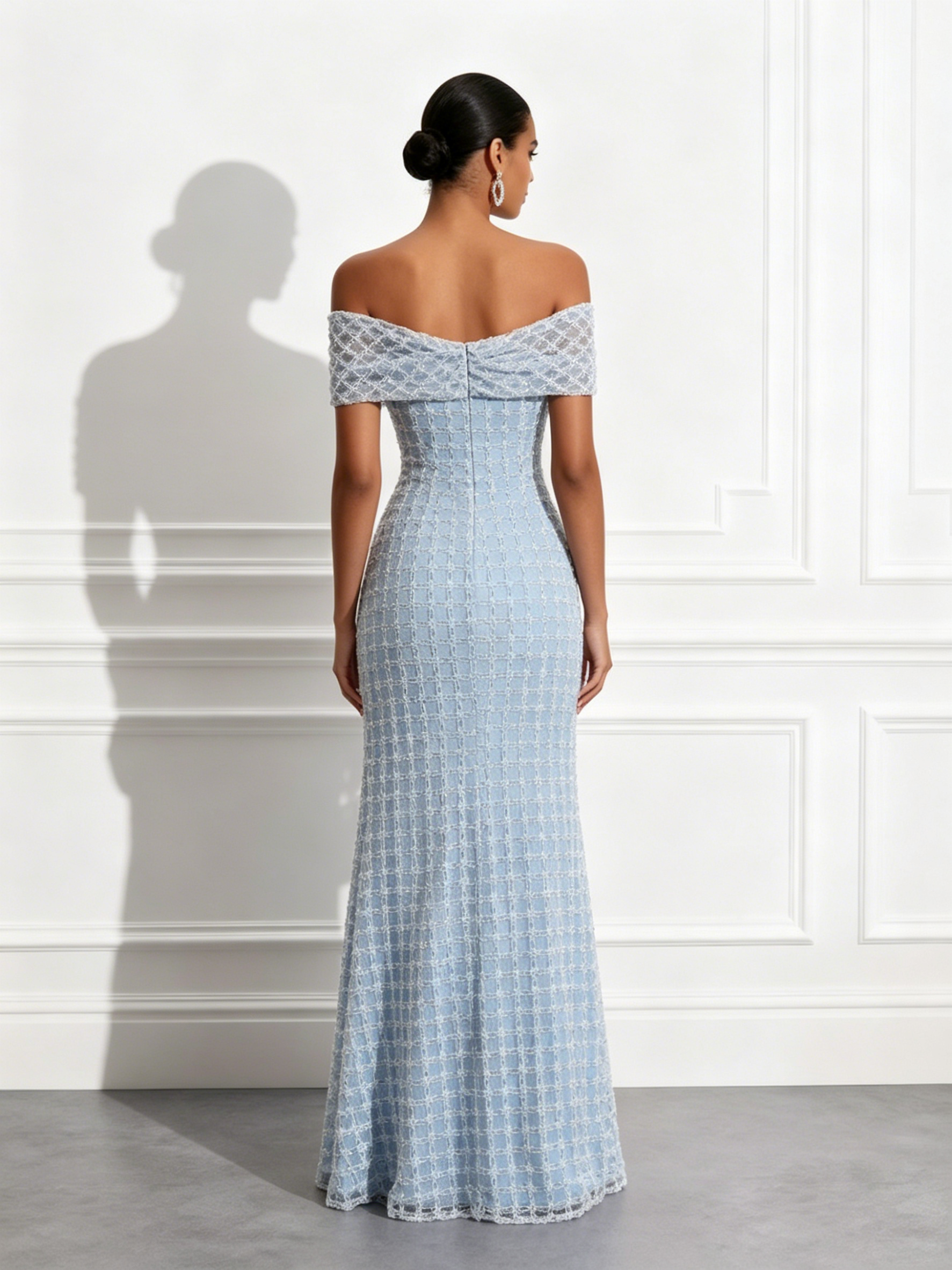 Light Blue Beaded Sequin Off The Shoulder Short Sleeve Mermaid Floor-length Gown Dress