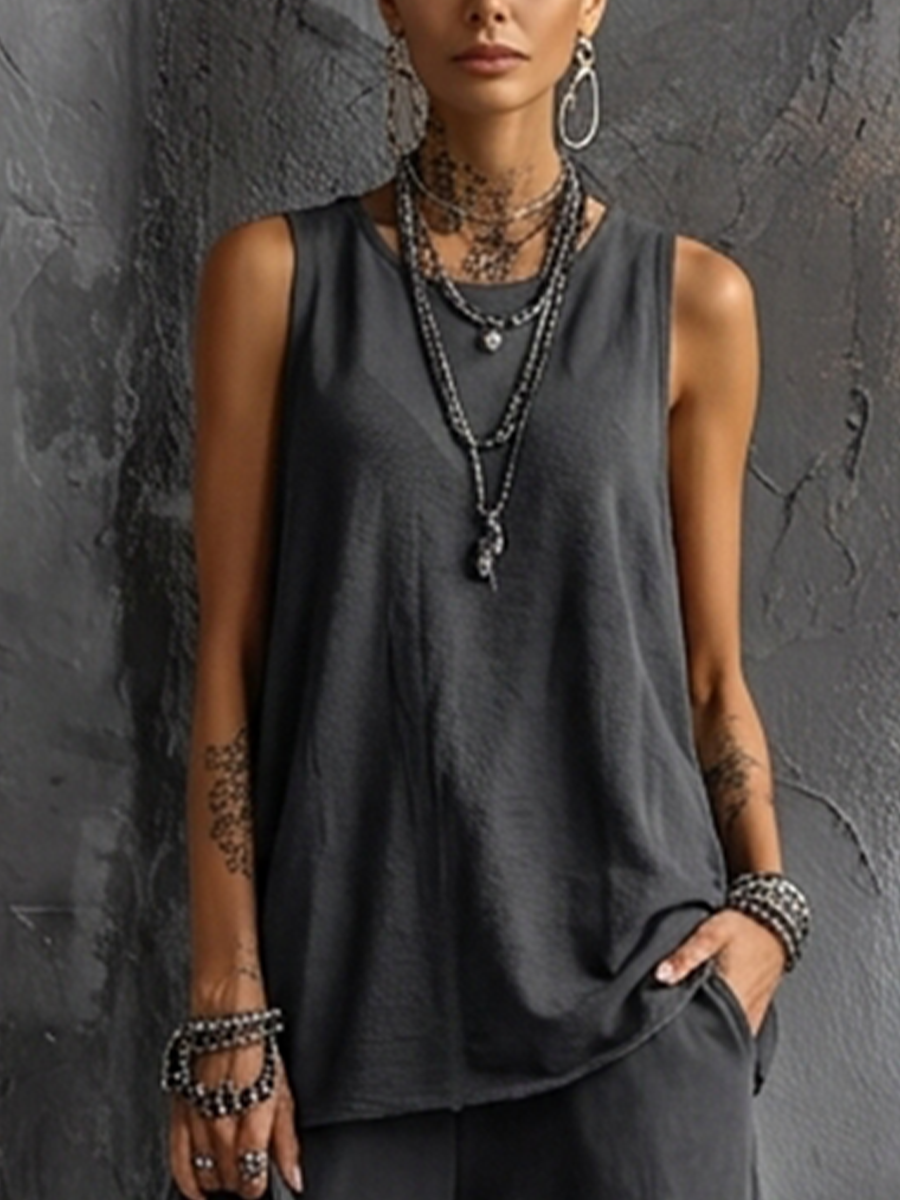 Women's Casual Style Dark Gray Cotton Blend Sleeveless Top + Jogger Cargo Pants Set MDZ2365D7GMJ