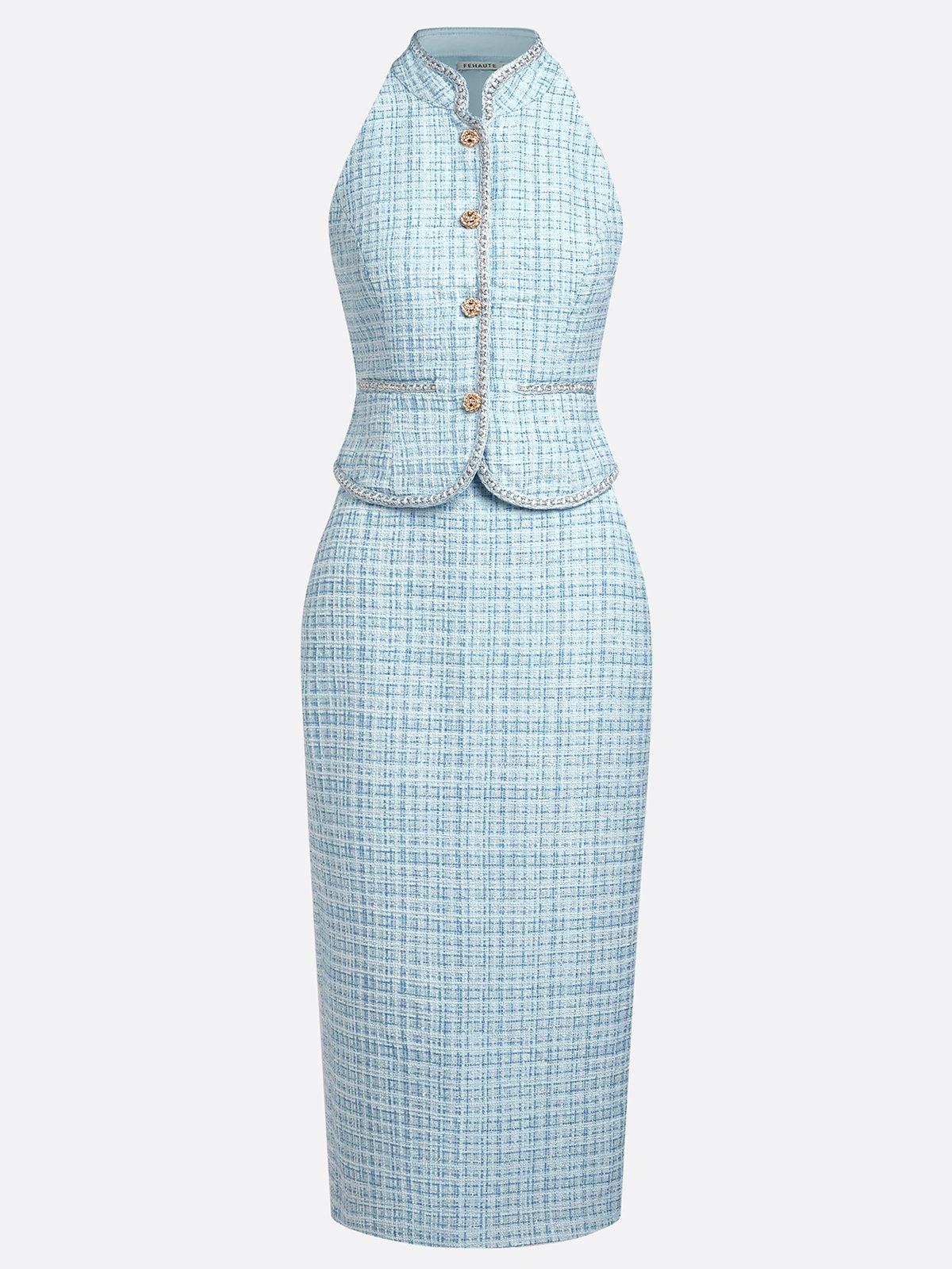Women Blue Tweed Buckle Rhinestone Turtleneck Sleeveless Dressy Top With Skirt Two-Piece Set