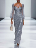 Silver Gray Buckle Sequin Sweetheart Neckline Long Sleeve Sheath Maxi Dress