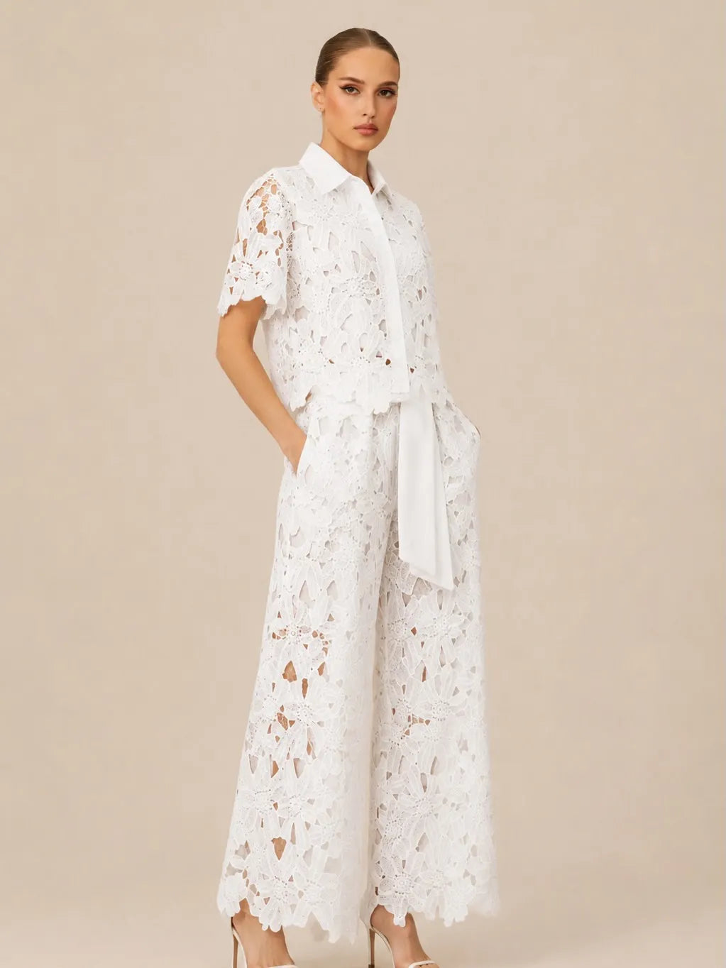 Lace Shirt & Wide Leg Pants Two Piece Set