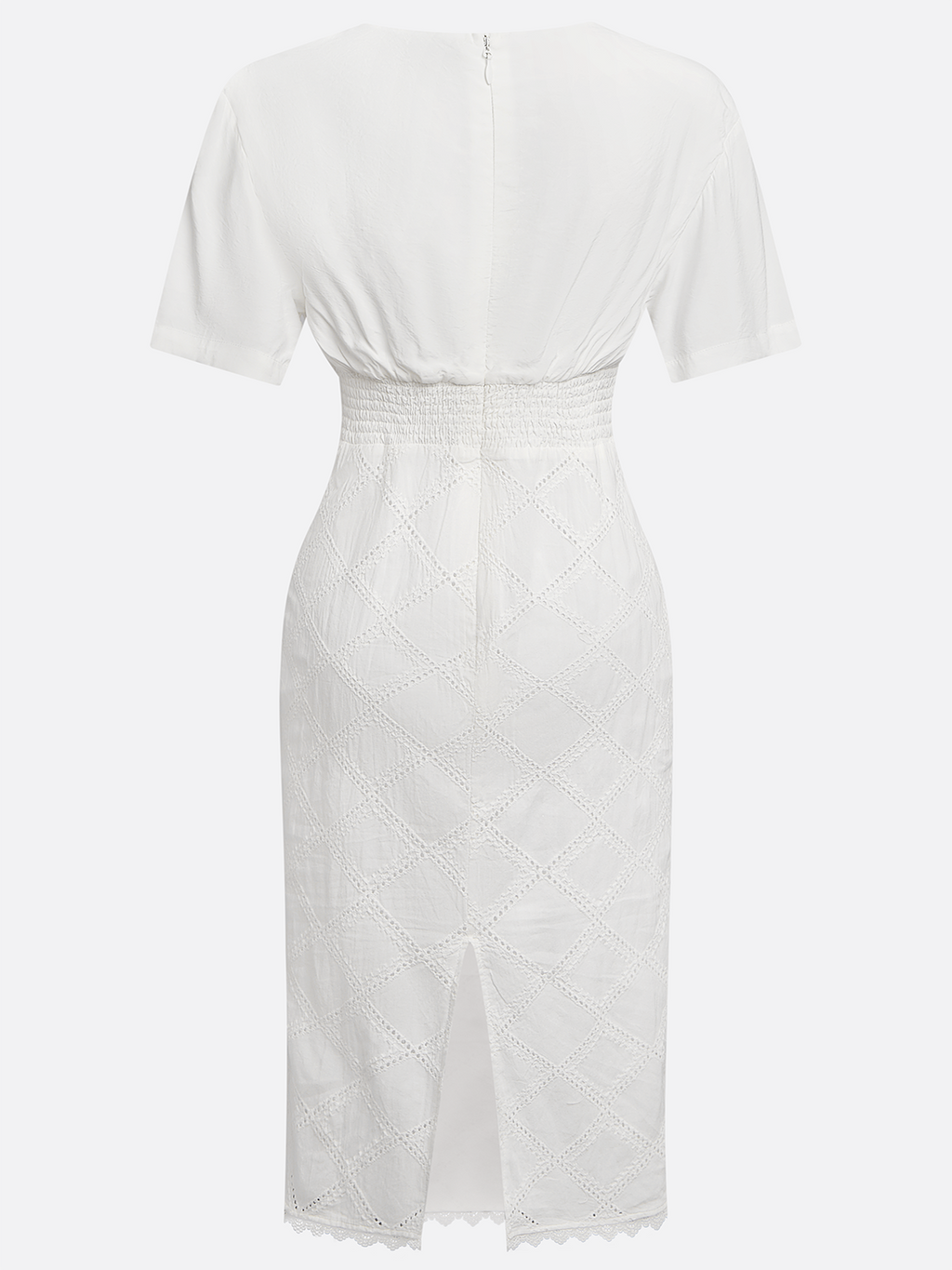 White Rayon Hollow Out Plaid Classic V Neck Short Sleeve Sheath Midi Dress