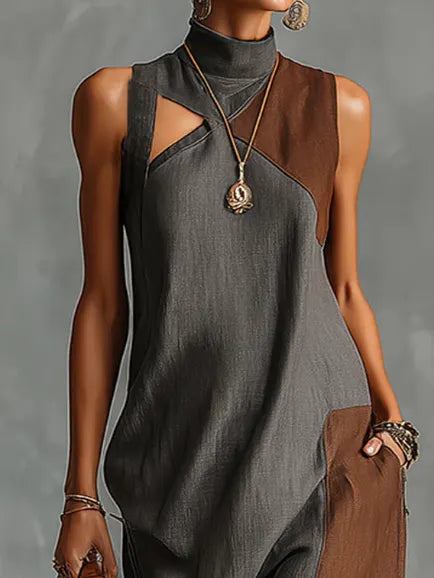 Fashionable Color-blocked Linen-cotton Maxi Dress
