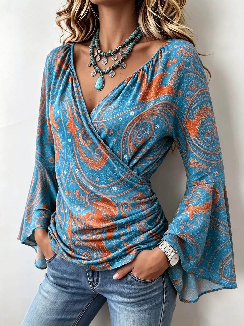 Bohemian Casual Stretch Bell Sleeves Blouse