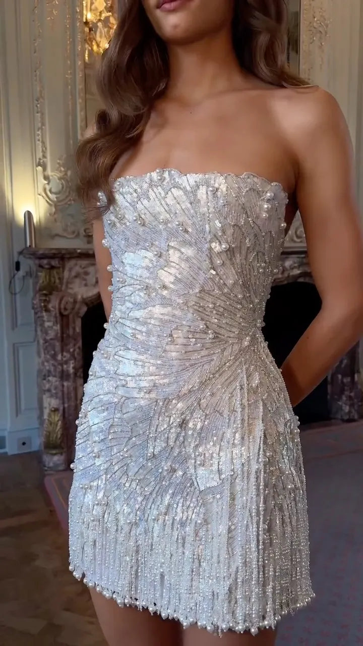 White Beaded Sequin Short Strapless Dress