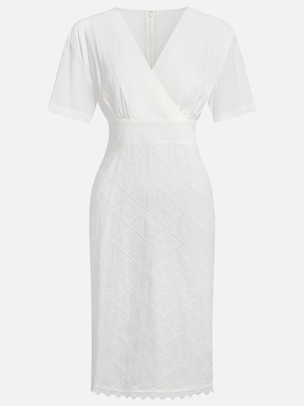 White Rayon Hollow Out Plaid Classic V Neck Short Sleeve Sheath Midi Dress