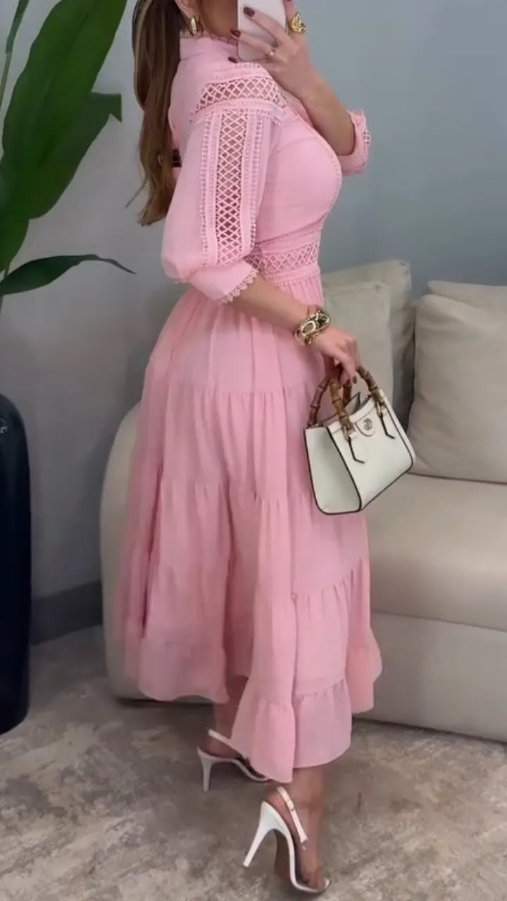 Women Round Neck Lace Hollow Splicing Elegant Temperament Dress