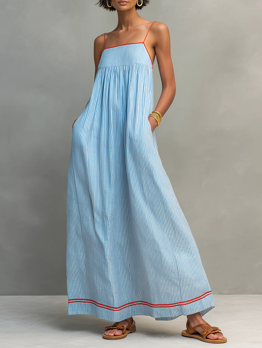Striped Linen Spaghetti Strap Maxi Dress with Pockets