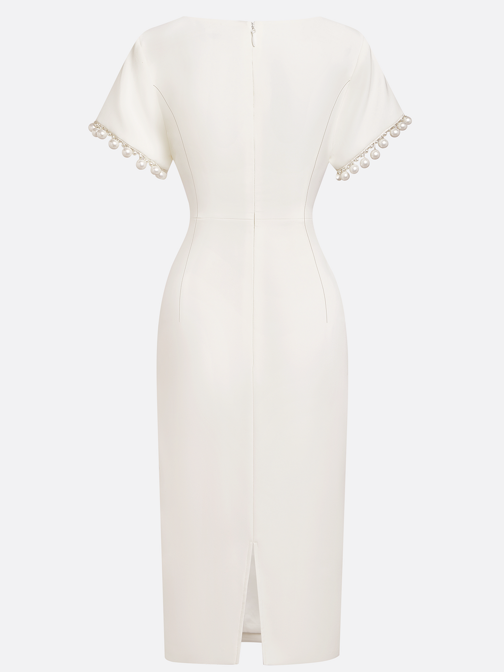 White Faux Pearl Knot Front Classic Boat Neck Short Sleeve Sheath Midi Dress