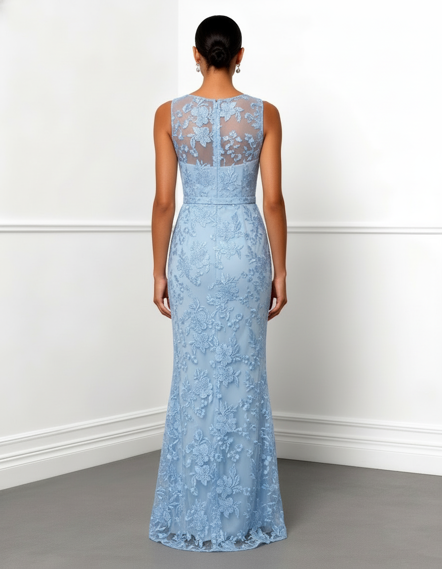Light Blue Lace Jacquard Boat Neck Sleeveless Mermaid Floor-length Gown Dress