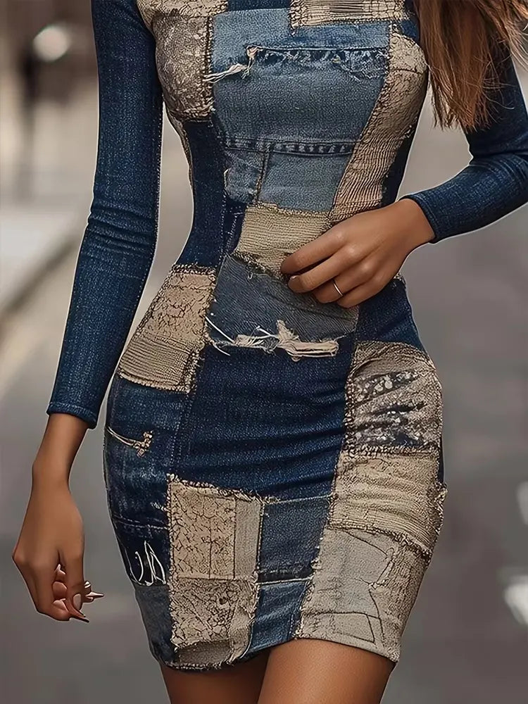 Women Round Neck Patched Long-sleeved Casual Denim Dress