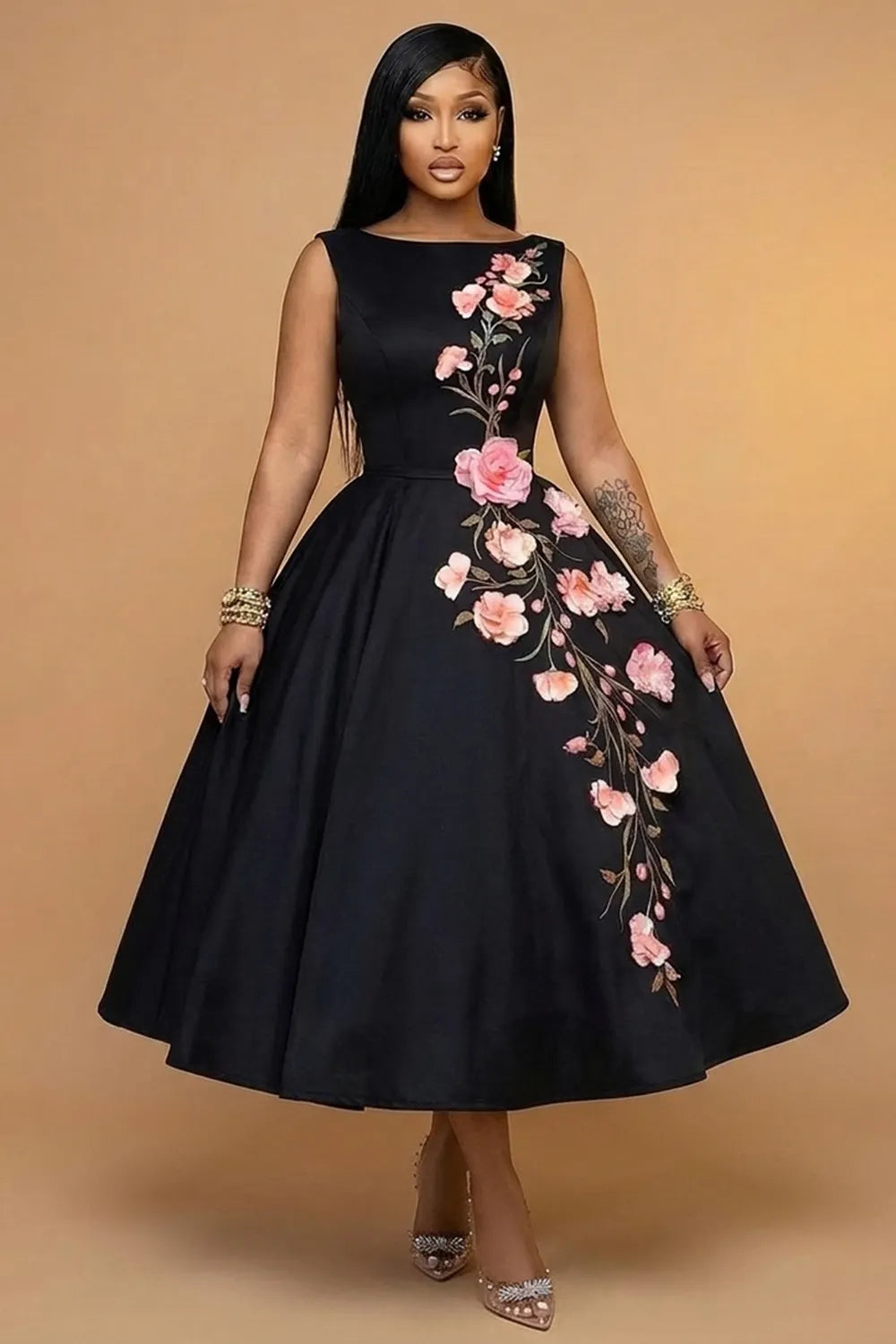 Boat Neck Sleeveless Floral Bouffant Gowns Maxi Dresses-Black